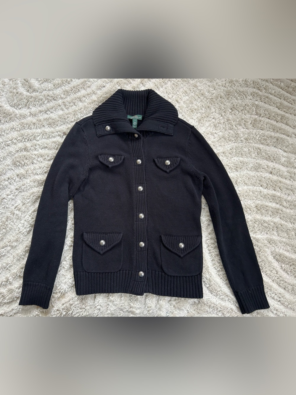 Lauren Ralph Lauren Black Silver Button-Front Knit Sweater